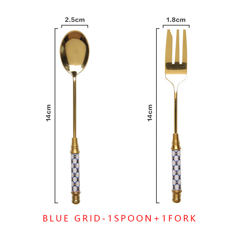 vintage gold ceramic dessert fork and spoon set, view 2 - MRSLM