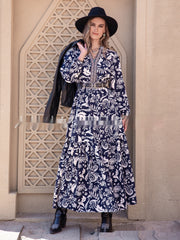 blue printed embroidered dress, view 4 - MRSLM
