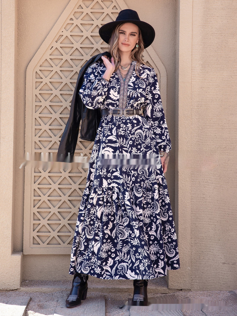 blue printed embroidered dress, view 4 - MRSLM