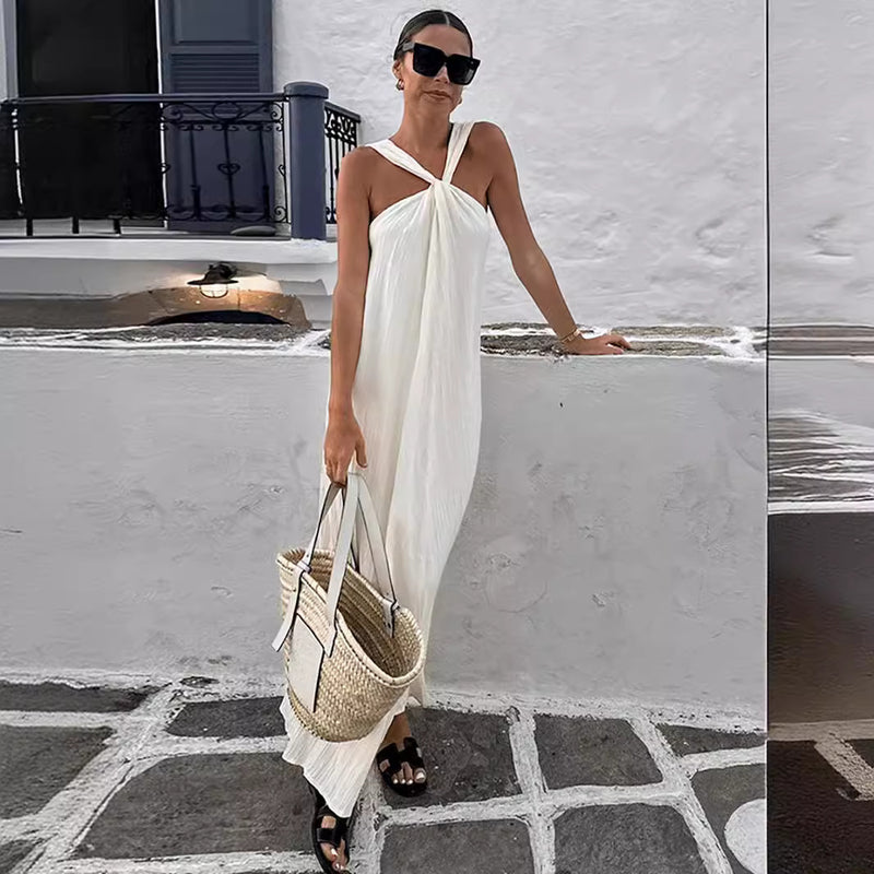 backless cross shoulder strap dress, view 3 - MRSLM