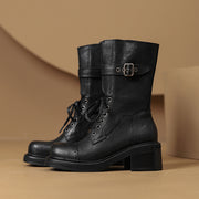 retro mid-calf buckle motorcycle boots for women, view 4 - MRSLM