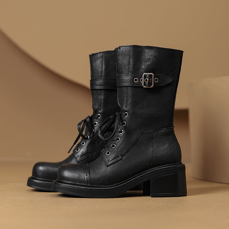 retro mid-calf buckle motorcycle boots for women, view 4 - MRSLM