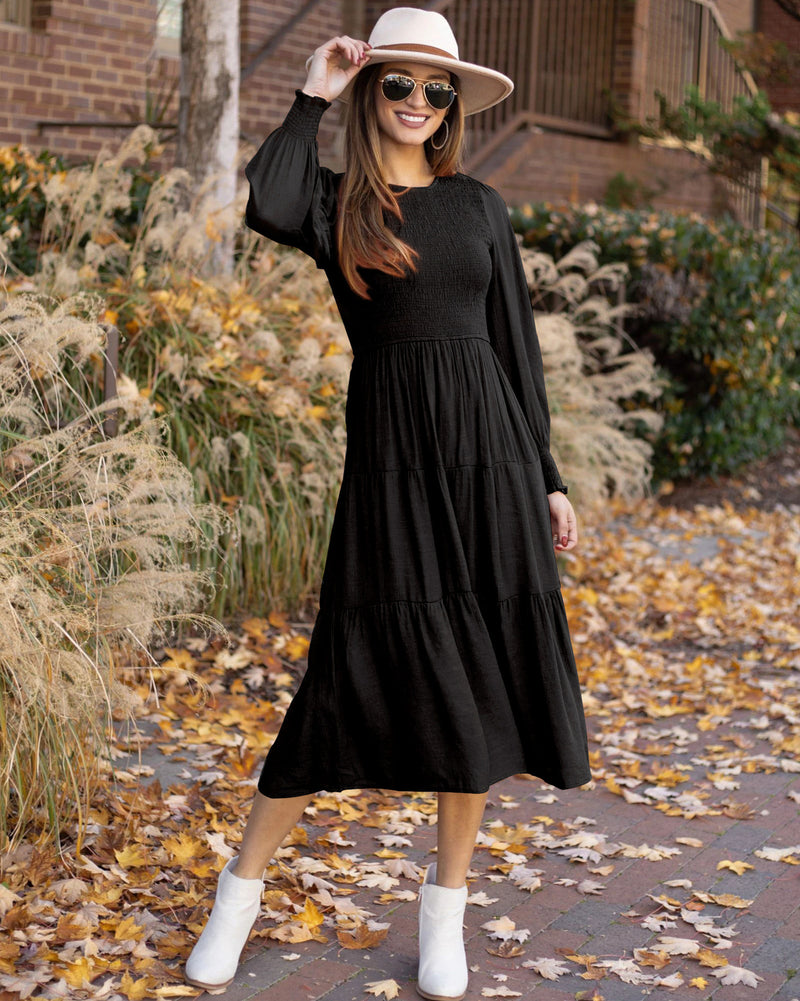 retro round-neck smocking dress, view 5 - MRSLM