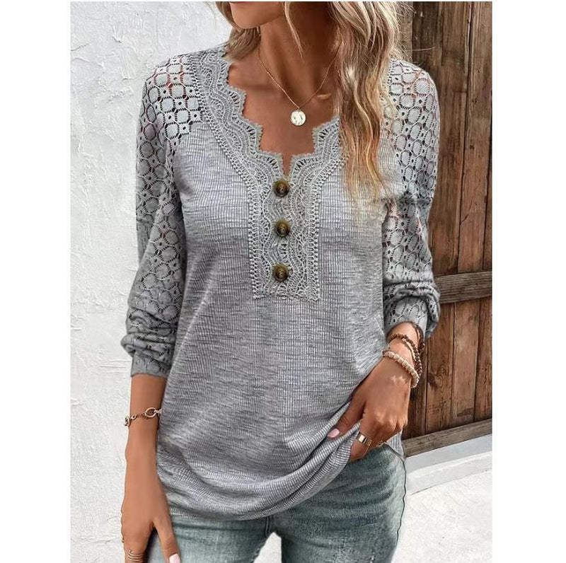 women's slim long sleeve lace top, view 7 - MRSLM