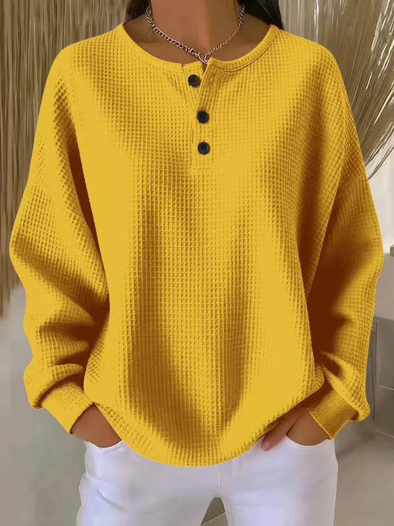 Waffle Long-sleeved T-shirt Fashion Solid Color Buttons Round Neck Pullover Top Women's Clothing