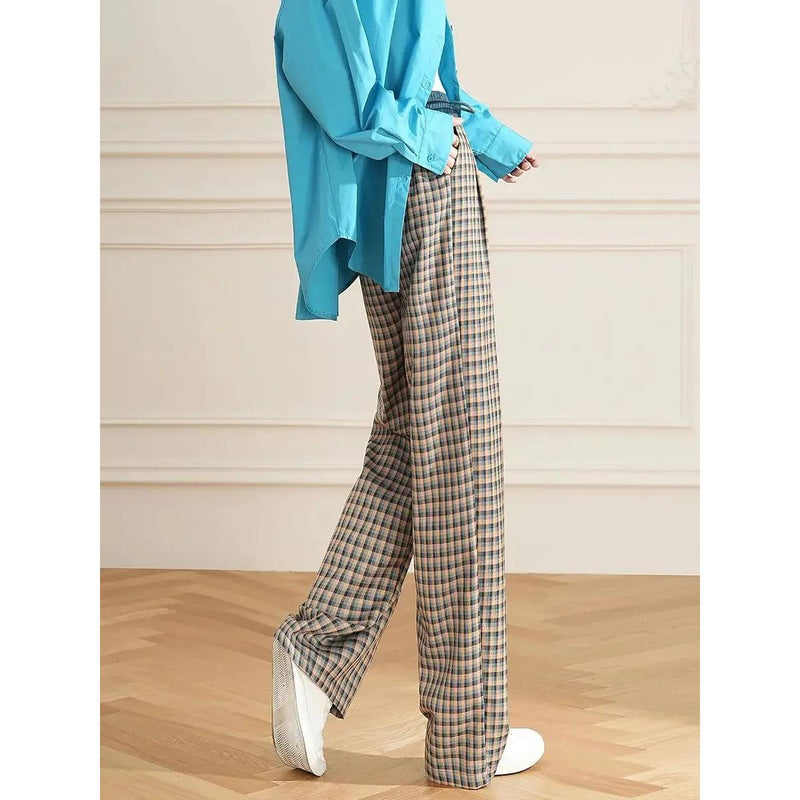 women's high waist checked wide leg pants, view 4 - MRSLM