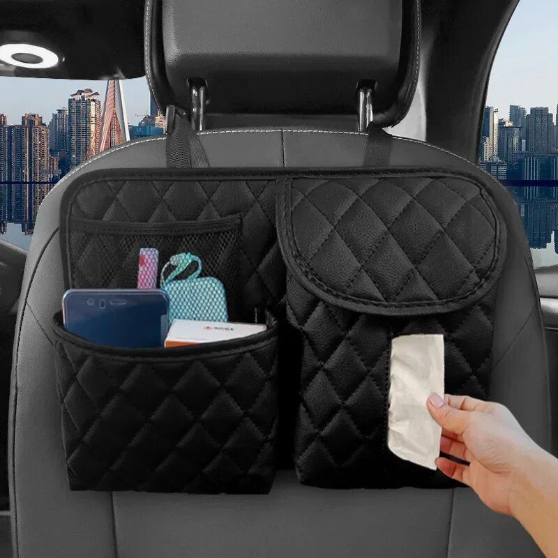leather car seat back organizer with phone and umbrella holder, view 4 - MRSLM