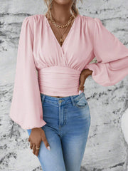 V-neck pleated long sleeve top, view 10 - MRSLM