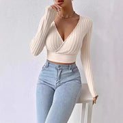 short deep V-neck knitted sweater, view 3 - MRSLM