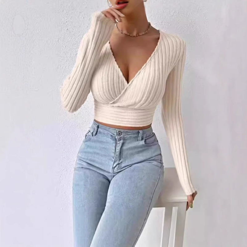 short deep V-neck knitted sweater, view 3 - MRSLM