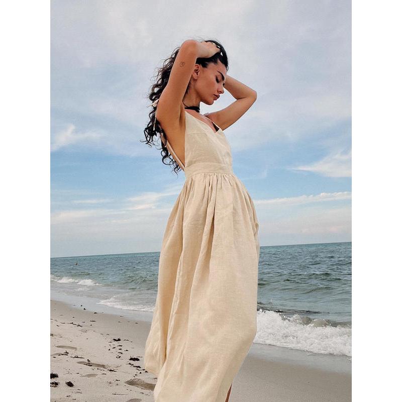 summer breeze cotton v-neck midi dress, view 5 - MRSLM