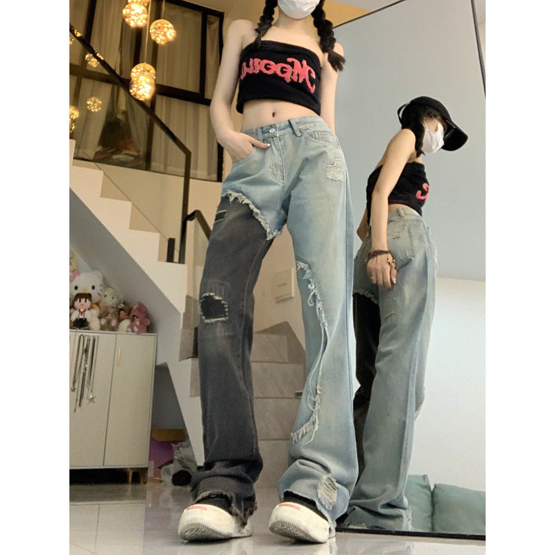 Black And Blue Stitching Worn Simple Jeans