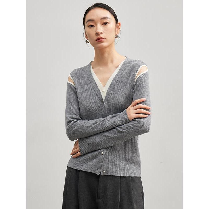 Hollow out shoulder wool blend cardigan, view 4 - MRSLM