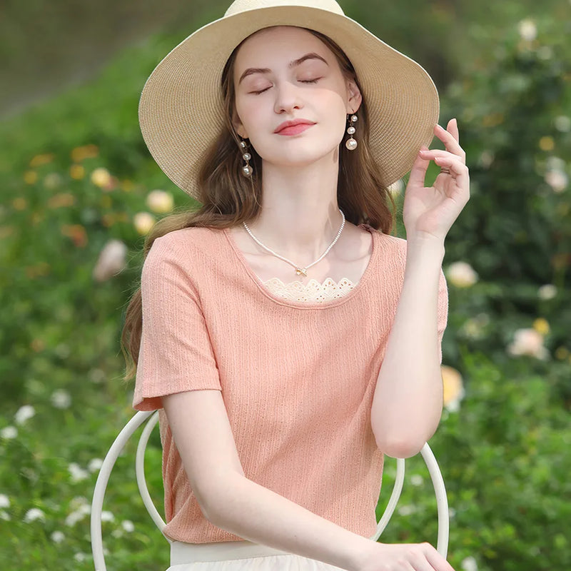 lace edge short-sleeve t-shirt, view 4 - MRSLM