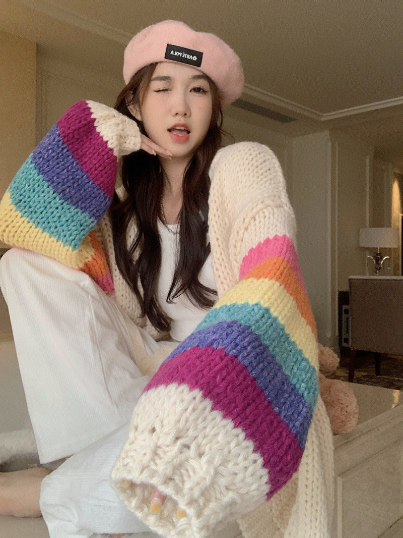women's colorful spliced cardigan sweater coat, view 5 - MRSLM