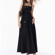 black backless bandage maxi dress with pockets - MRSLM