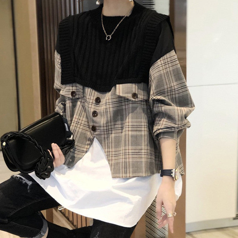 women's shirt splicing fake two-piece knitwear, view 5 - MRSLM
