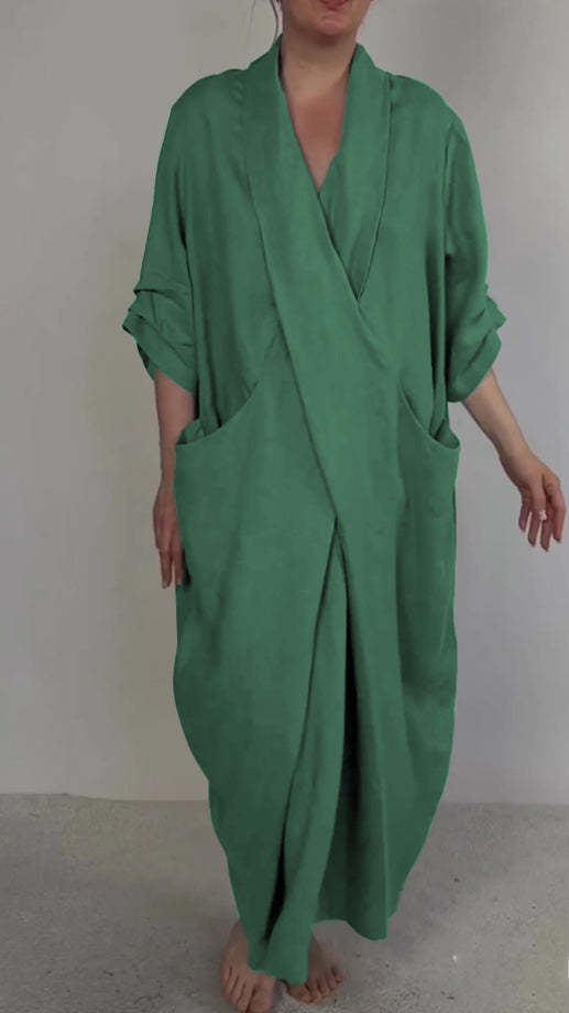 Women's linen V-neck dress with pockets, view 11 - MRSLM