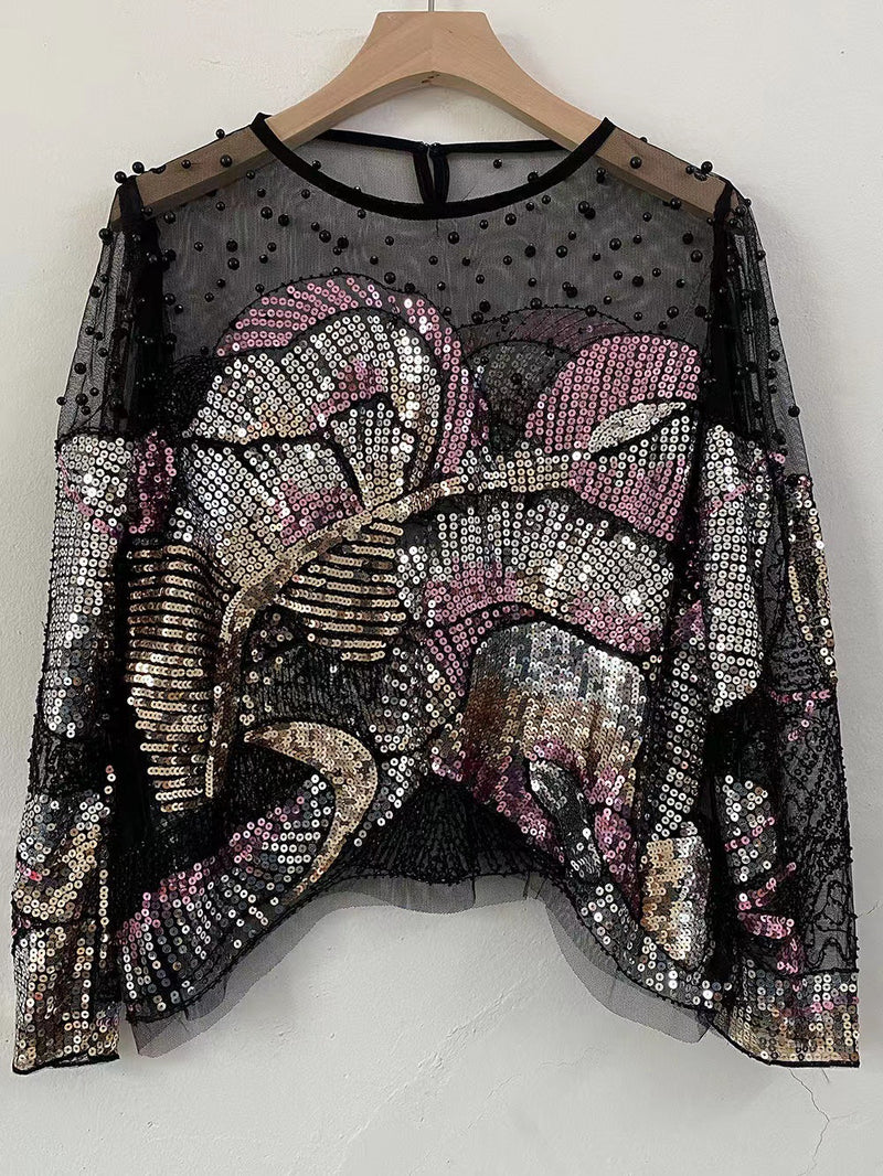beaded sequin mesh top, view 4 - MRSLM