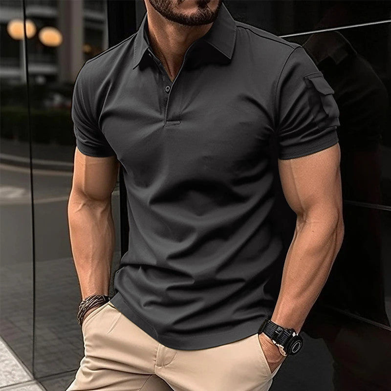 Summer Men's Lapel Button Short Sleeve Pocket Sweatshirt