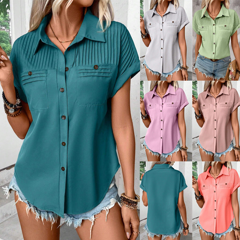 Lapel pleated pocket short sleeve top - MRSLM