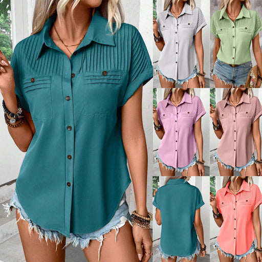Lapel pleated pocket short sleeve top - MRSLM