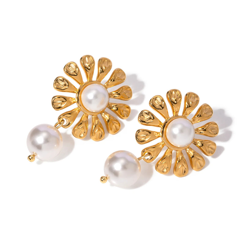 18k gold plated sunflower pearl earrings, view 8 - MRSLM