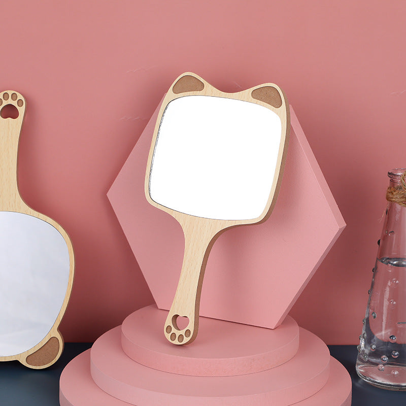 Charming Wooden Handheld Makeup Mirror with Cute Cat Ear Design