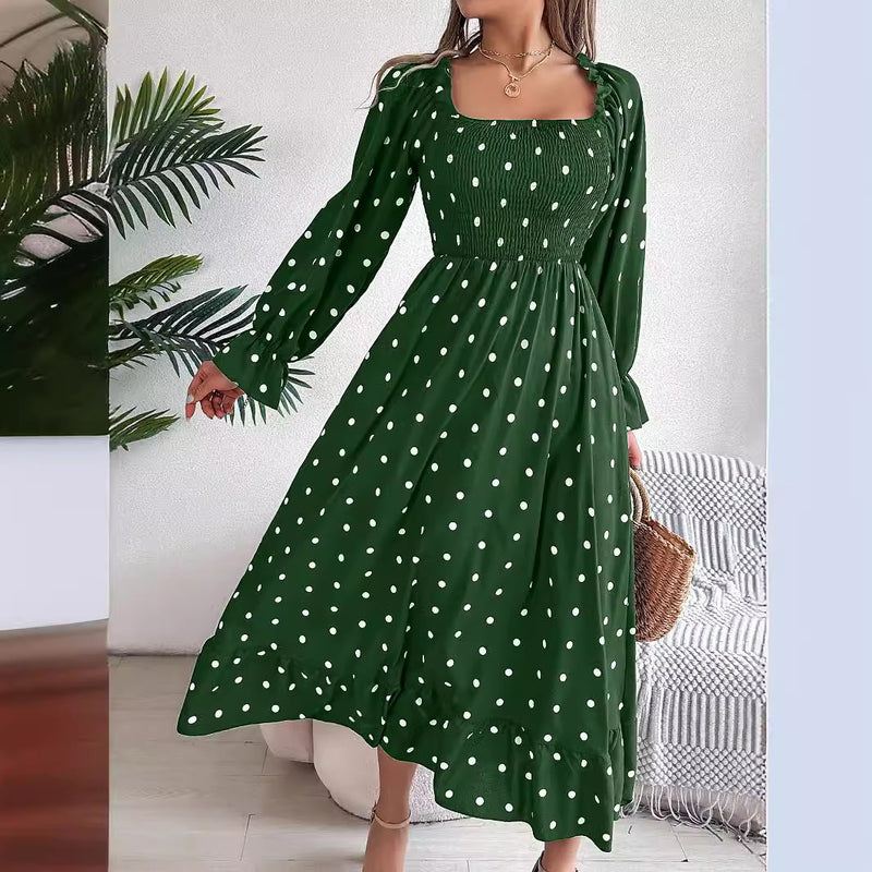 casual square collar polka dot swing dress, view 3 - MRSLM
