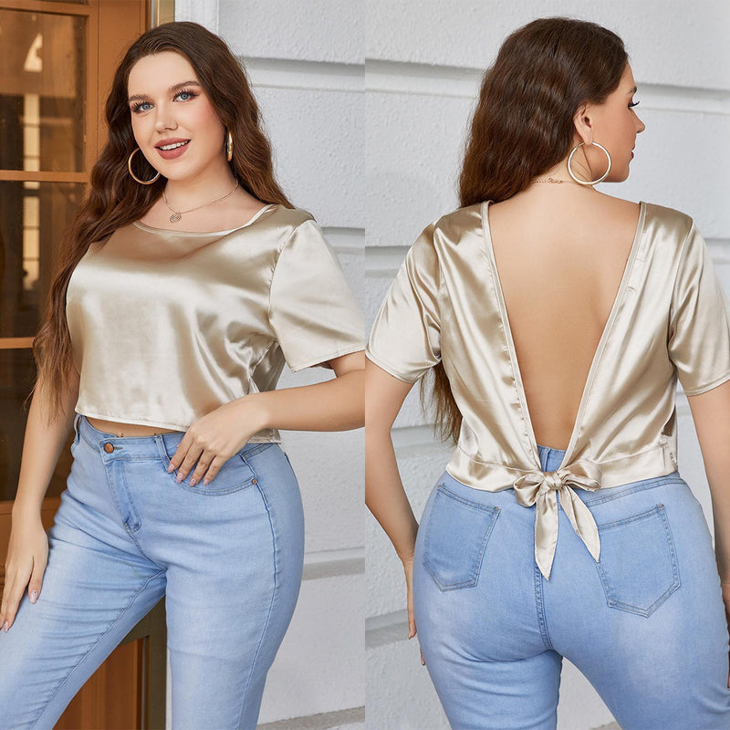 women's short sleeve backless t-shirt in gold - MRSLM