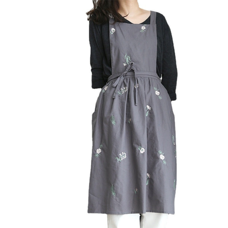 Floral embroidered cotton kitchen apron, view 4 - MRSLM