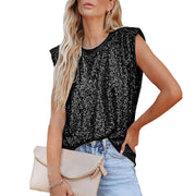 sequined sleeveless padded shoulder vest top, view 6 - MRSLM