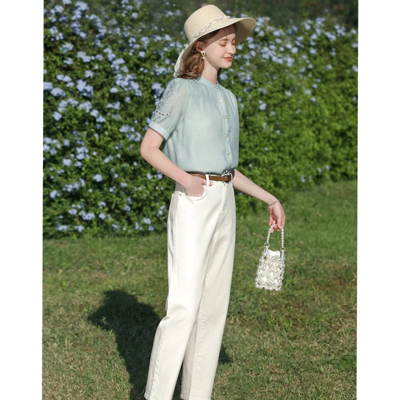 french puff sleeve blouse for women, view 4 - MRSLM