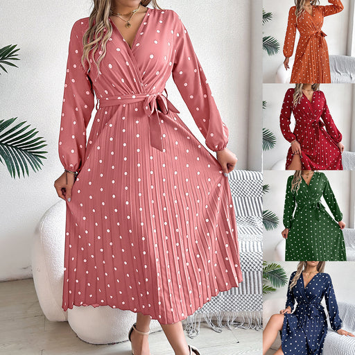 polka dot cross V-neck pleated maxi dress - MRSLM