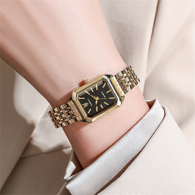 square watch with gold alloy strap, view 3 - MRSLM