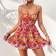 Women's floral print lace-up back short dress, view 3 - MRSLM