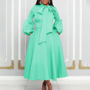 puff sleeve lace-up swing dress, view 3 - MRSLM