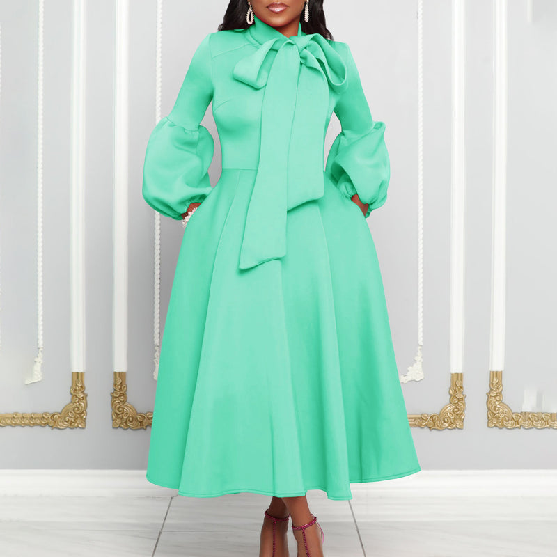puff sleeve lace-up swing dress, view 3 - MRSLM