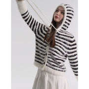 striped hooded mohair cardigan, view 3 - MRSLM