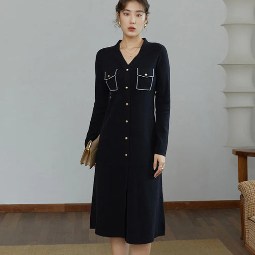 black v-neck knitted a-line dress - MRSLM