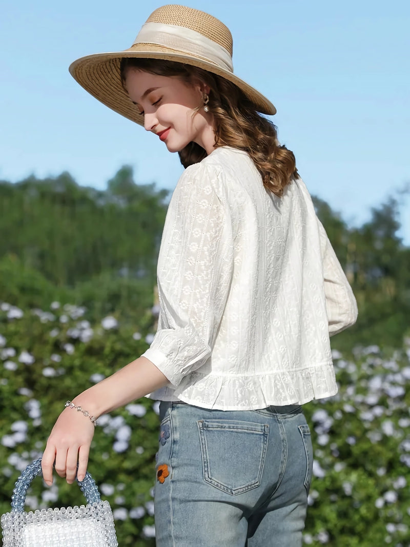 white cotton puff sleeve blouse, view 4 - MRSLM