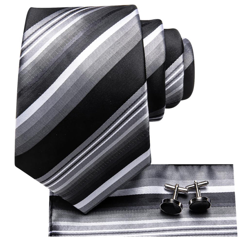 Black grey striped silk necktie set, view 4 - MRSLM