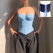 Y2K faux denim tube top with back-tied design - MRSLM