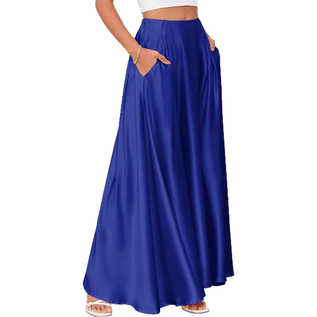 Women Satin A  Line Midi Skirt, High Waist Flowy Long Skirt With Pockets, Elegant Party Casual Maxi Skirt