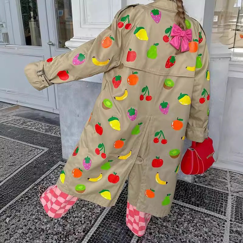 khaki fruit printed lapel coat, view 4 - MRSLM