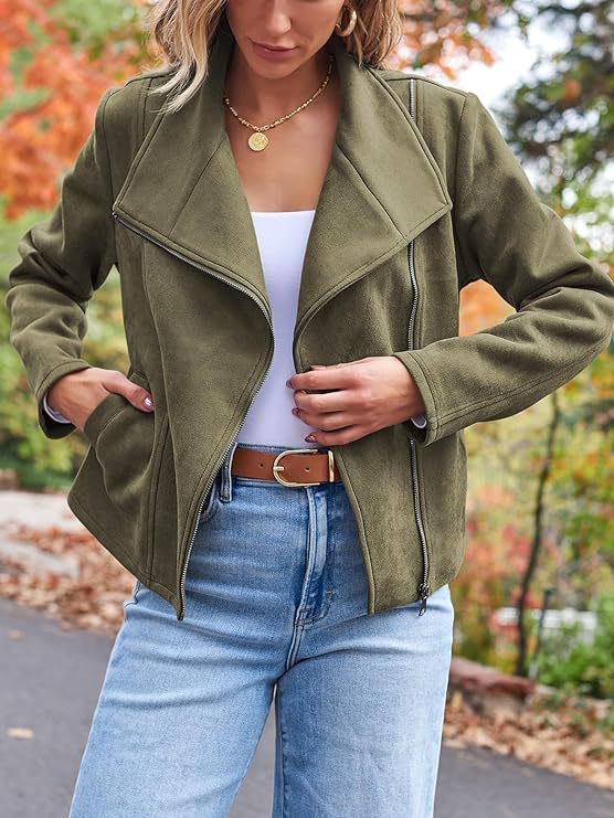 women's short suede motorcycle jacket, view 8 - MRSLM