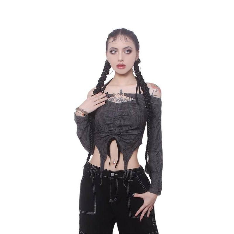 ripped drawstring halter top, view 3 - MRSLM