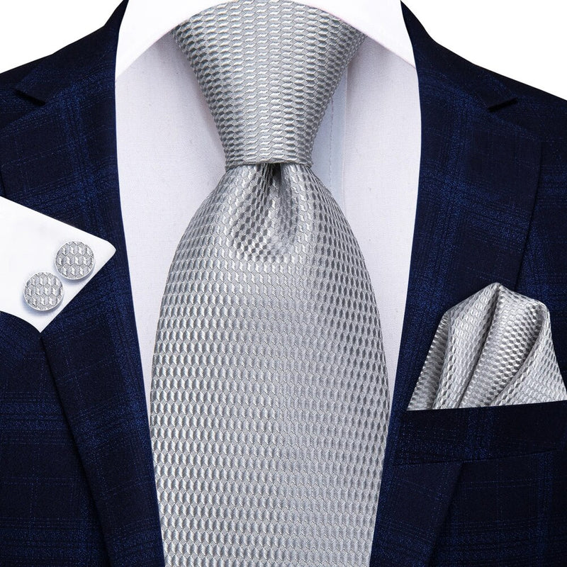 grey plaid silk necktie set for men, view 2 - MRSLM
