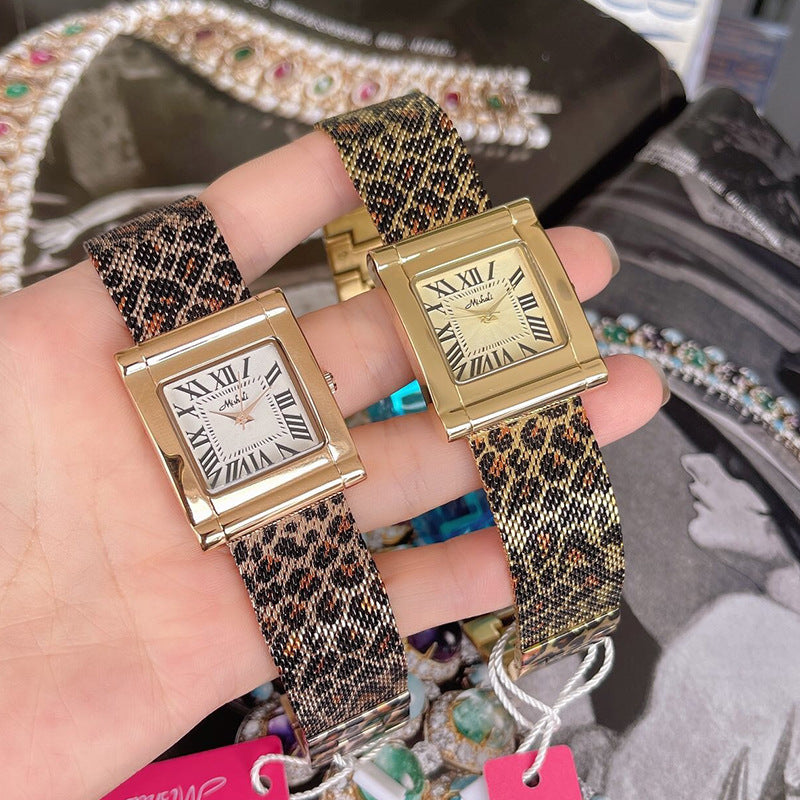 Women's leopard print mesh belt square watch, view 3 - MRSLM