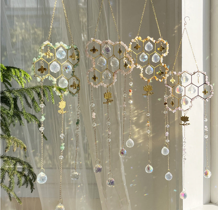 Beehive Bee Natural Crystal Sun Catcher Wind Chime Pendant